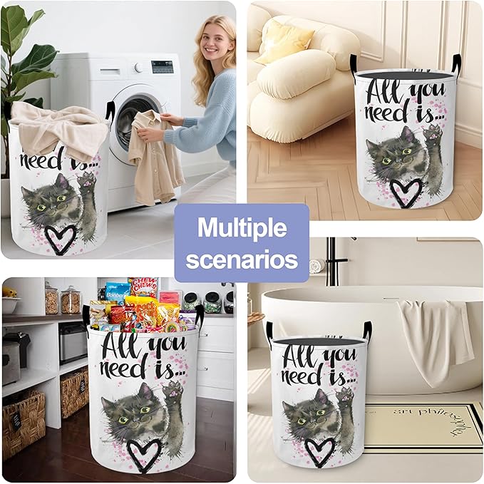 Cute Cat Laundry Basket, All You Need is an Oxford Cloth Laundry Hamper With Handle, Foldable Portable Clothes Storage Basket Storage Bag For Laundry Room/Bathroom/Bedroom/Dormitories