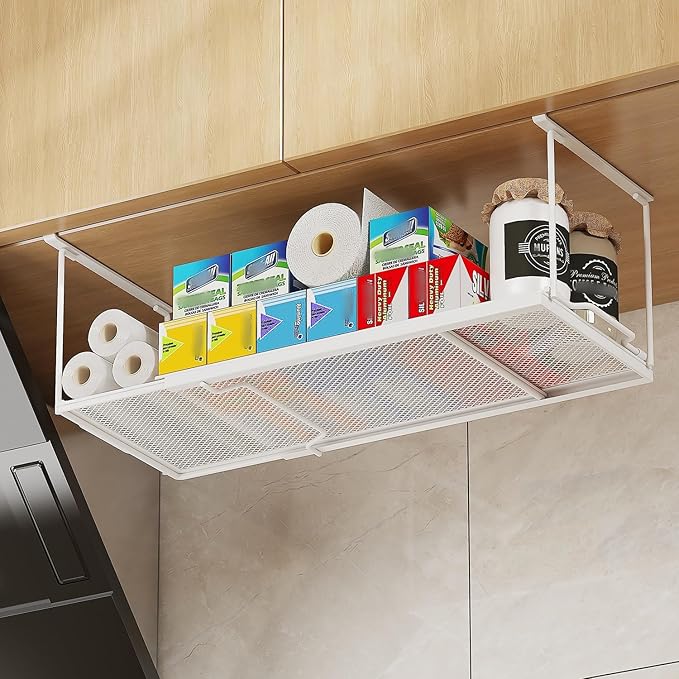 1 Pack Expandable Under Cabinet Shelf, Under Shelf Basket with 0.94 Inches Thick Clips for Kitchen Cupboard, Metal Hanging Under Desk Basket for Laundry Room, Cabinet, Shoe Rack