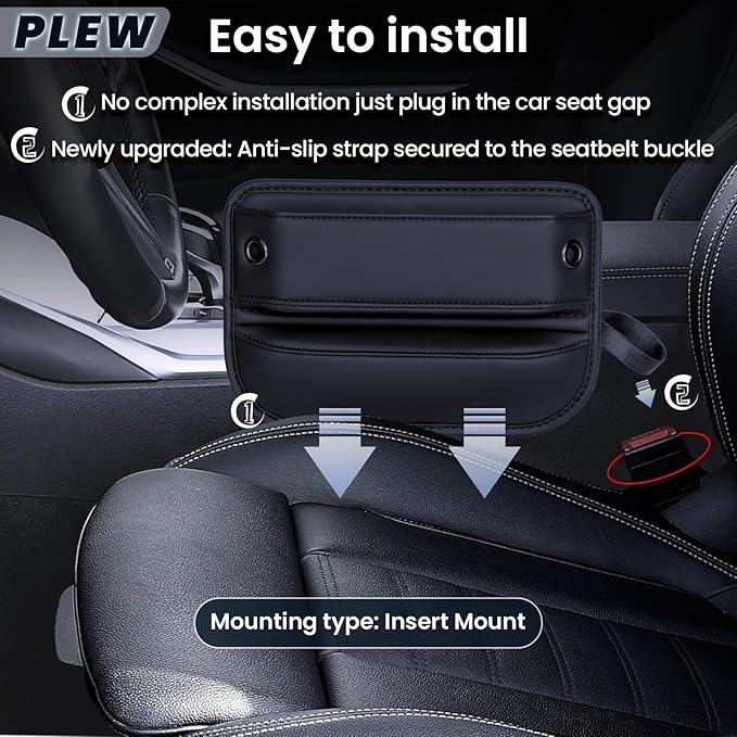 PLEW 2-Pack Black Obsidian Car Seat Gap Filler, Premium Leather Console Organizer Universal Fit for Car SUV Truck Multi-Purpose Essentials Organizer - Anti-Drop Auto Interior Accessories
