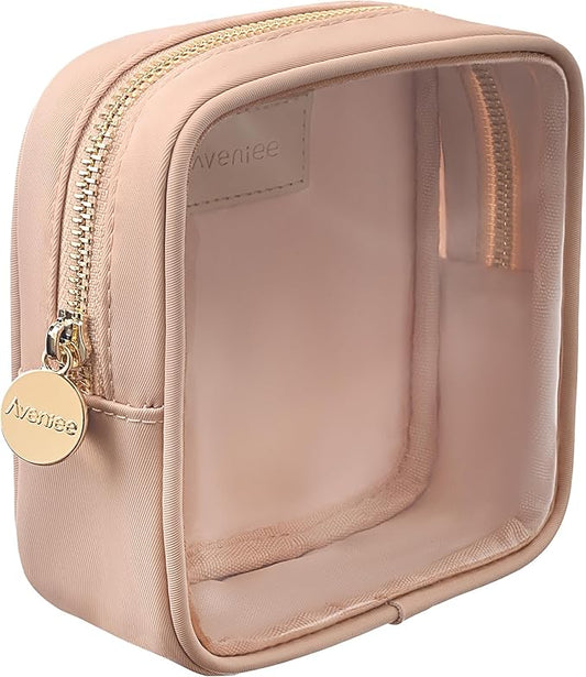 Aveniee Small Clear Makeup Bag, Mini Makeup Bag for Purse Organizer, Cosmetic Bag Travel Zipper Pouch for Women, Cute Car Accessories for Skincare Lipstick Essentials-Sand