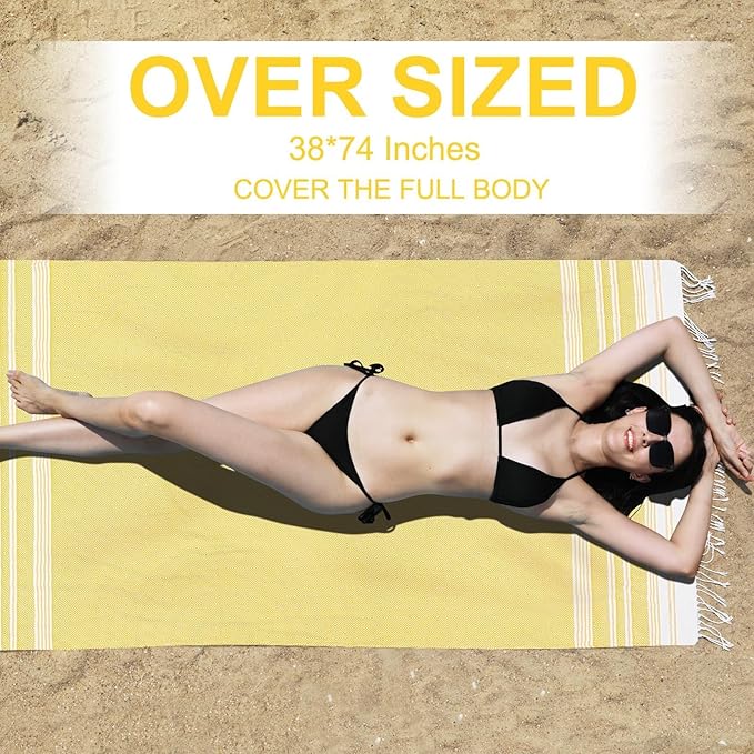 Genovega Oversized Cotton Turkish Beach Bath Towel Set 74"x38" Extra Large Sand Free Quick Dry Swim Camping Pool Clearance Towels Travel Blanket Adult Essentials Stripe Yellows