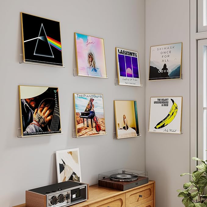 Laurensory 8 Pack Vinyl Record Shelf Wall Mount Shelves, 12 inch Clear Acrylic Vinyl Record Holder Display, Floating Shelves for Wall Decor, Magazine Rack, Kids Bookshelf, for Bedroom, Living Room
