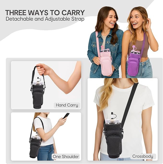 &And Per Se Neoprene Water Bottle Carrier Bag for Stanley 40oz Tumbler, Crossbody Sling with Phone Pocket & Detachable Strap, Adjustable Shoulder Holder Pouch with Charm, for Gym Travel(Black)