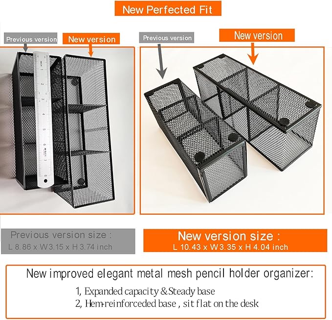 2-Pack Metal Mesh Pencil Holder, Spacious 3-Compartment Desk Organizer for Pens, Makeup Brushes, Utensils, Desktop Storage for Home, Office, School, Kitchen, 10.43x3.35x4.04 Inch, Black