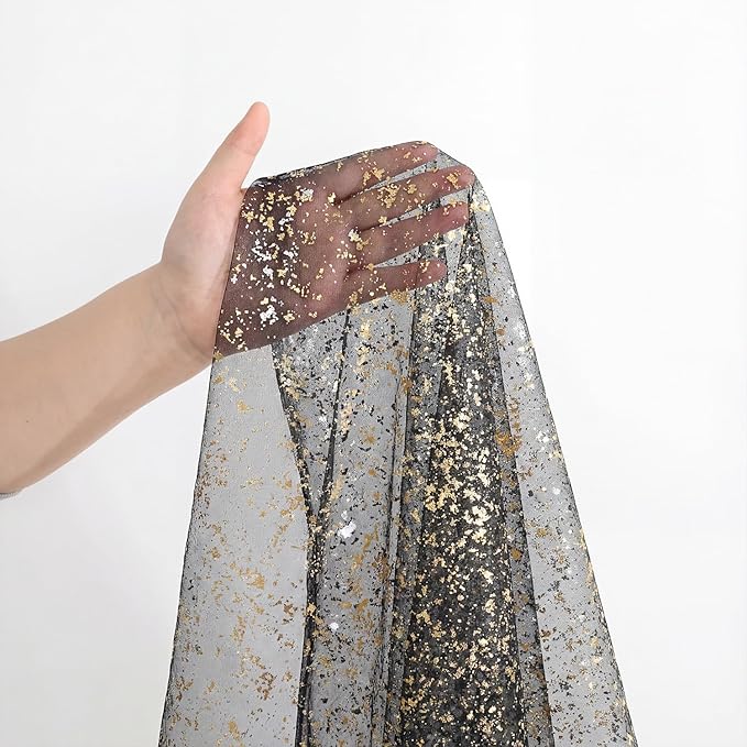 Horaldaily Black Gold Gauze Tablecloth 60x60 Inch Round, Golden Sequin Glitter Metallic Foil, Sheer Tulle Cheesecloth for Wedding Baby Shower Ceremony Birthday
