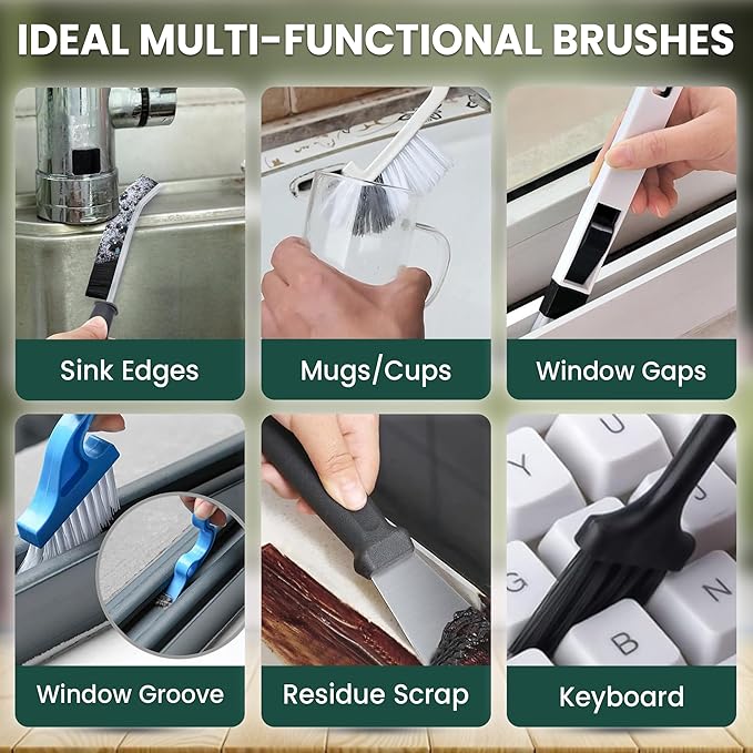 14 Pcs Crevice Cleaning Brush Set – Hard Bristle Cleaning Tools for Grout, Tile Floors, Gaps & Narrow Spaces – Multi-Purpose Grout Scrub Brush for Cleaning Bathroom, Shower, Window Tracks, Kitchen
