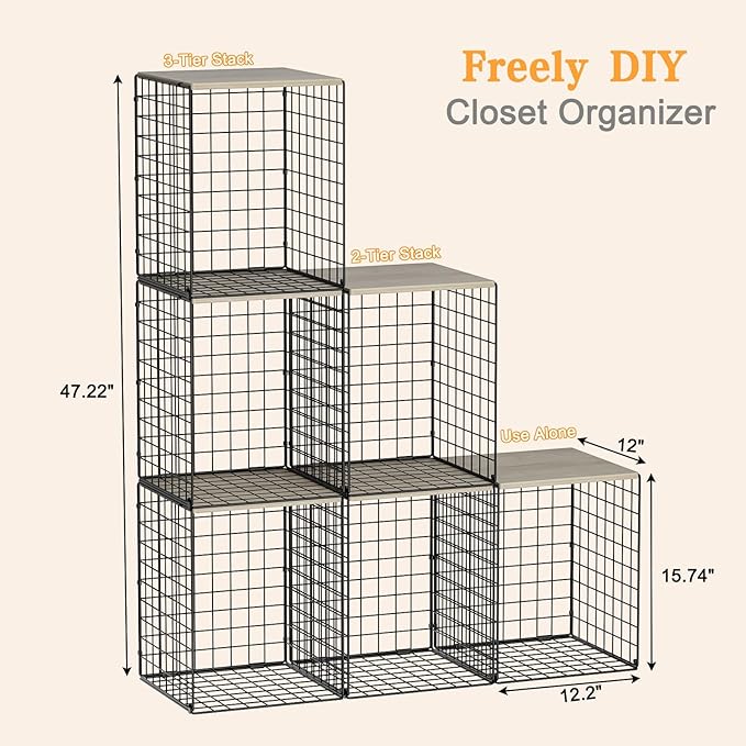 Taller Closet Organizers and Storage with Wood Top, Set of 3 Stackable Wire Storage Bins for Clothes, Bags, Towels, Double Storage Design, Sturdy Metal Cube Shelf Organizer for Closet Wardrobe, Black