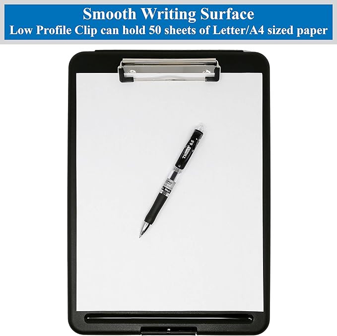 Think2Master [3 Pack] Black Plastic Storage Clipboard. | 25% Heavier & Sturdier| Heavy Duty and Won’t Flex Like Other Brands (Compare The Weight). Storage Compartment Holds 150 Letter Sized Paper.