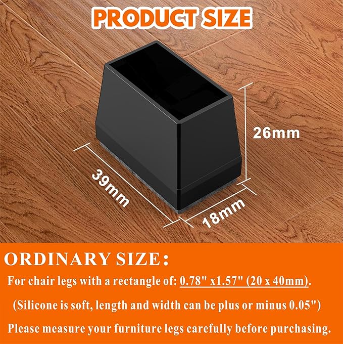 Rectangle Chair Leg Protectors for Hardwood Floors, 16 PCS Silicone Covers to Protect Wood Tile Floors Felt Pads Furniture Leg Caps Reduce Noise. Easy to Move. (Black, 2X 4 cm, Rectangular)