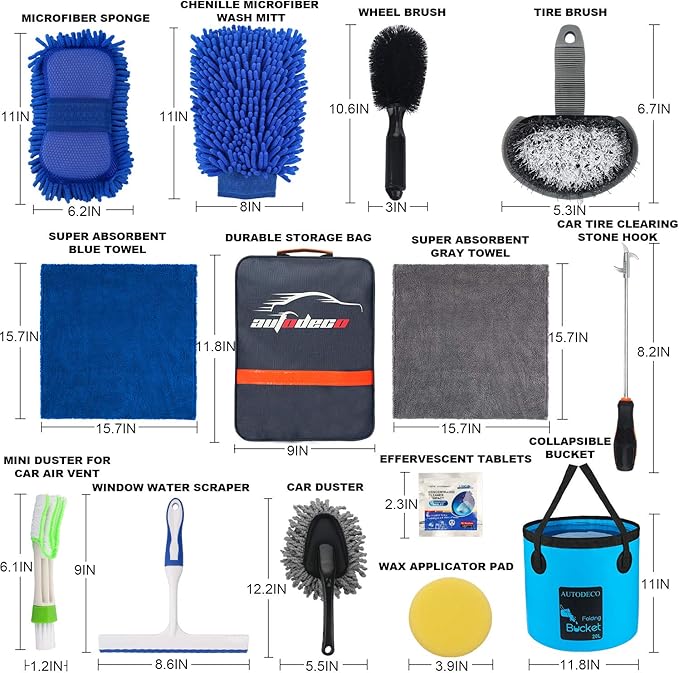 22Pcs Car Wash Cleaning Tools Kit Car Detailing Set with Blue Canvas Bag Collapsible Bucket Wash Mitt Sponge Towels Tire Brush Window Scraper Duster Complete Interior Car Care Kit
