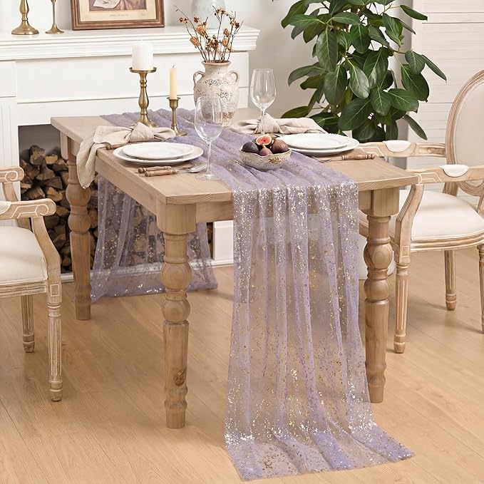 Horaldaily Grayish Purple Gold Tablecloth 60x140 Inch Rectangular, Golden Sequin Glitter Metallic Foil, Sheer Tulle Cheesecloth for Wedding Baby Shower Ceremony Birthday