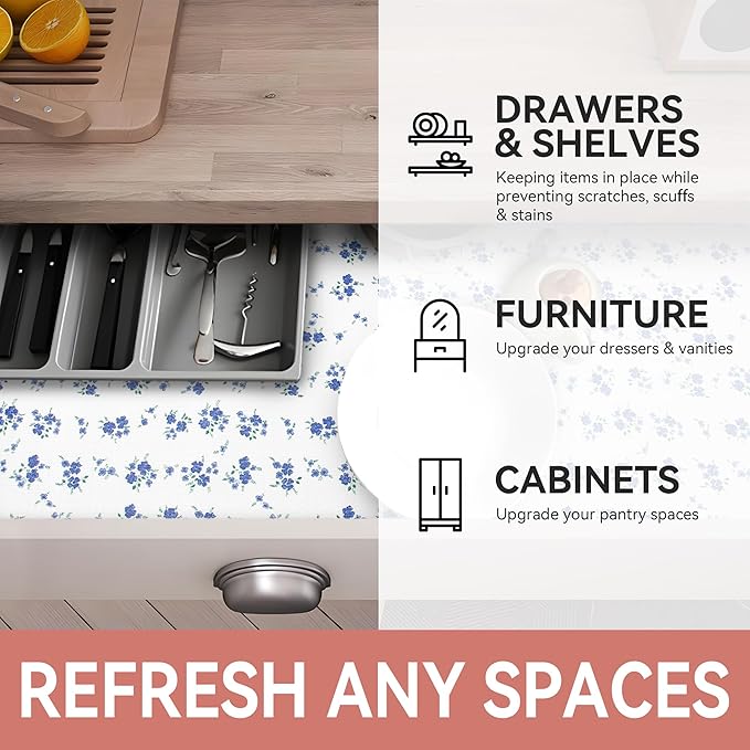 RAY STAR Shelf Liner, Non Adhesive Blue Floral Kitchen Cabinet Liner for Pantry Drawer Vanity, Strong Grip Non Slip, Shelf Liners for Cupboard 18 Inch x 8 FT (7 Rolls) Signature Delivery