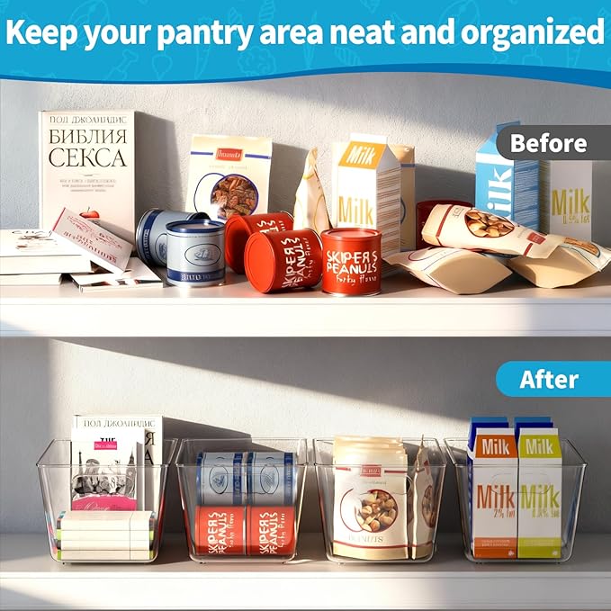 KJIXYUNG Clear Plastic Storage Bins, 4-Pack Stackable Pantry Organizers and Storage Containers for Kitchen, Fridge, Cabinet and Closet Organization - Home Essentials