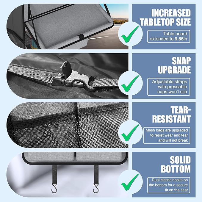 Car Backseat Organizer with Tablet Holder, 11 Storage Pockets with Foldable Food Tray, Protector Kick Mats for Kids, Travel Accessories Organizer (Gray, 1 Pack with Food Tray)