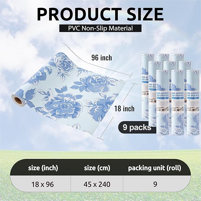 FIFTY FEET 18X96 Inch Shelf Liner for Kitchen Cabinets, PVC Drawer Liner for Dresser Non-Slip Bathroom, Non-Adhesive Cabinet Liner Washable (Blue Flower)(9 Roll)
