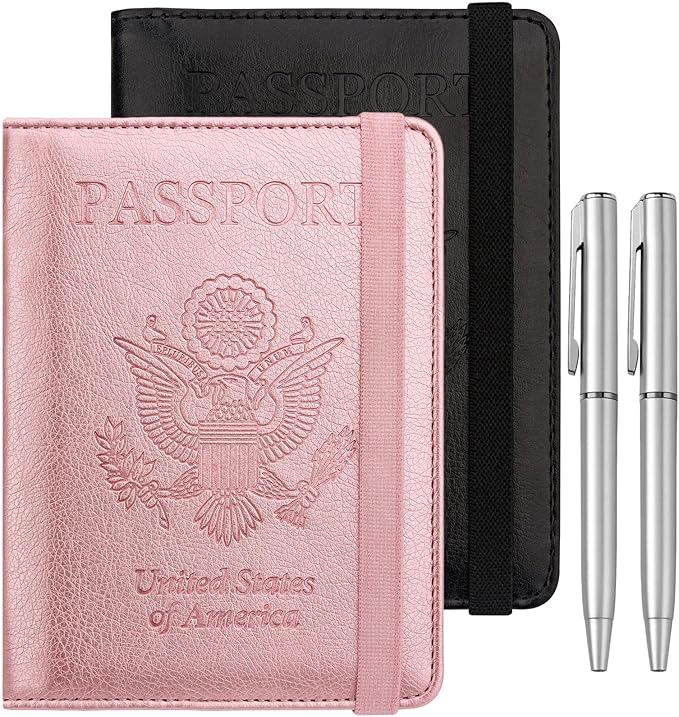 WALNEW 2 Packs Passport Holder for Travel, RFID Passport Cover Wallet for Women Men, PU Leather Passport Book Card Holder Case with Pen, Travelling Essentials for Flying