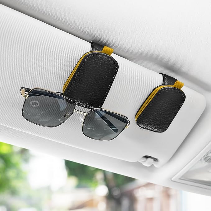 SINGARO Sunglasses Holder for Car, Leather Magnetic Buckle Sun Visor Sunglass Clip, Ticket Card Storage Glasses Clip, Car Interior Accessories for Men and Women（2PCS Black-Yellow）