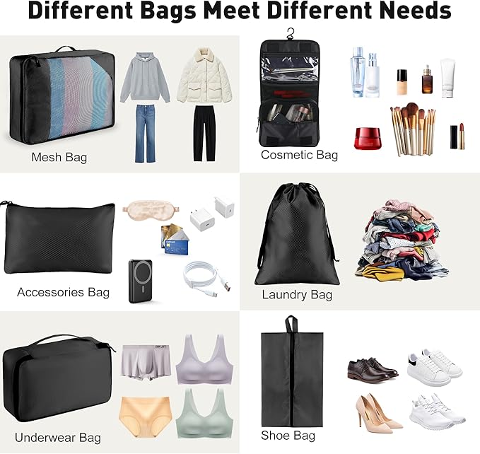 8-Piece Packing Cubes for Travel, Mesh Luggage Organizers with Shoe Bag, Toiletry Bag, Laundry Pouches, 4 Sizes (XL/L/M/S) for Suitcase Organization, Men Women Kids, Black