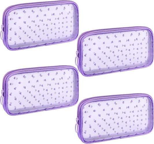 4 Pieces Mini Zipper Nylon Mesh Pouch, Mesh Cosmetic Bags Makeup Bags, Multipurpose Travel Toiletry Bags for Office Supplies and Travel Accessories (Heart Print-Purple, M)