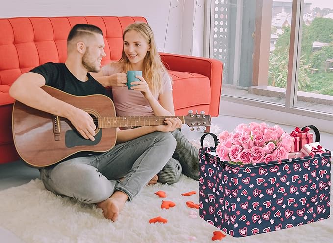 Rec Heart Print Box Hamper Storage Basket Collapsible Organizer Bin Gift Shelf Baskets for Home and Kitchen Storage