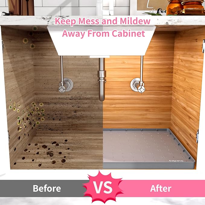 Sdpeia Under Sink Mat 31"×22" Waterproof Silicone Cabinet Liner & Sink Protector for Kitchen & Bathroom, Multi-Purpose Organizers Tray for Pets, Laundry, Cat Litter Mat,Gray