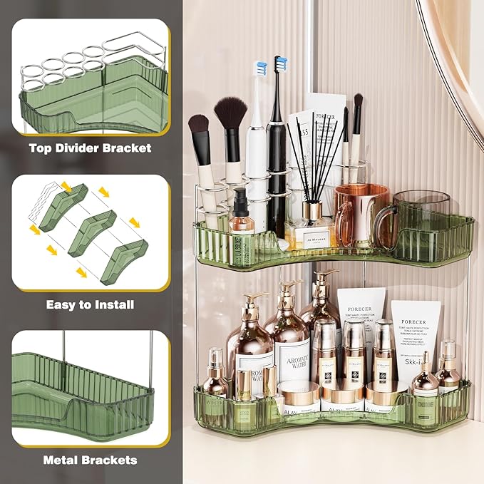 2-Tier Corner Bathroom Counter Organizer with Top Toothbrush Holders,Large Makeup Organizer Countertop with Brush Holder,Skincare Organizers Corner,Exquisite Vanity Organizer(Green, 2 Tier)