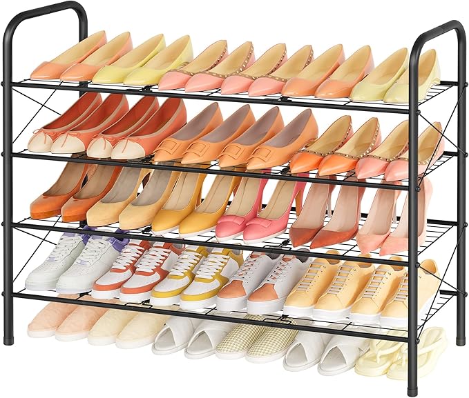 Hoctieon 4 Tier Mesh Style Shoe Rack, Entryway Shoe Shelf, Shoe Storage Organizer, Shoe Rack for Closet, Space Saver for Bathroom, Garage, Hallway, Bedroom, Living Room, Black
