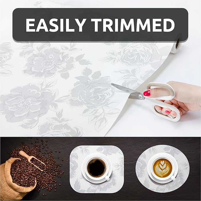 12X120 Inch Shelf Liner for Kitchen Cabinets, PVC Drawer Liner for Dresser Non-Slip Bathroom, Non-Adhesive Cabinet Liner Washable (White Flower)(1 Roll)