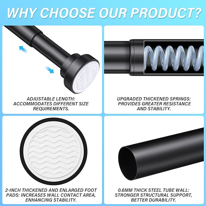 Suranew 25-51" Black Heavy Duty Spring Tension Rod, No Drill Rust-Proof Adjustable Shower Curtain Rod for Bathroom/Closet/Kitchen