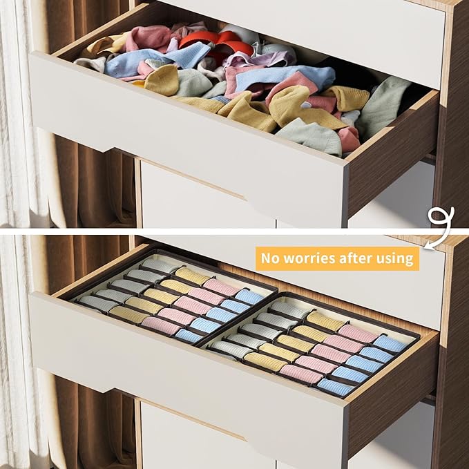 Joyoldelf Sock Drawer Organizer Divider Underwear Organizer 24-cell Fabric Dresser Drawer Organizers Storage Boxes for Socks Lingerie, Handkerchiefs, Ties 4 Pack (Beige)