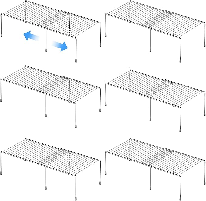 Kitchen Cabinet Expandable Shelf Organizers Set of 6, Adjustable Metal Wire Pantry Storage Shelves, Plate Dish Organizer Rack for Cabinets, Cupboard, Counter, Freezer, Countertop, Chrome