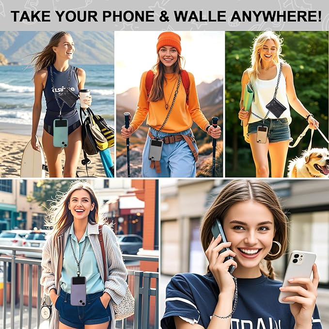 XANGNIER Clip and Go Strap for Phone with Wallet Crossbody, Phone Strap with Zippered Wallet, Adjustable Anti Theft Cellphone Lanyard for Women, Cellphone Chain Accessories, Chain Black