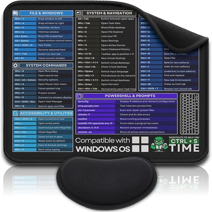 [Winos Compatible] Computer Shortcuts Mouse Pad for Windows - Wrist Rest Included. Portable Mousepad, Cheat Sheet Office, Gaming Commands, Functions DeskMat Waterproof & Non-Slip Desk Pad [12” x 10”]