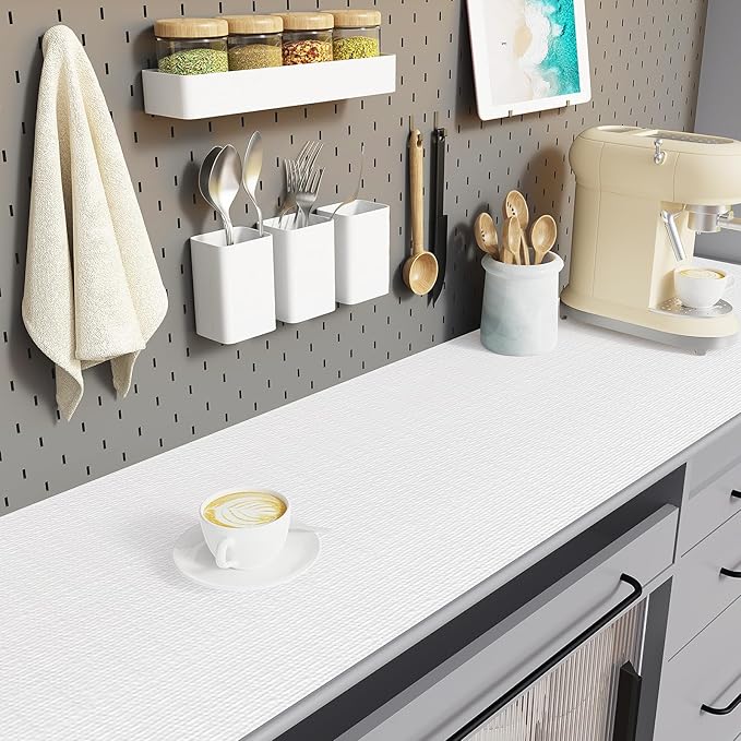 Drawer Liner, Shelf Liners for Kitchen Cabinet Waterproof & Oil-Proof Cupboard Liner Non-Slip Drawer Mat PVC Material Non Adhesive Kitchen Liner for Countertop White 17.5 x 393.7 Inches
