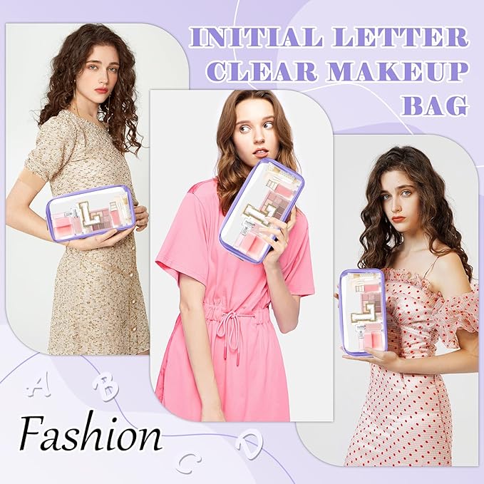 Personalized Initial Letter Clear Makeup Bag, Preppy Small Nylon & PVC Cosmetic Zipper Bag with Chenille Letter, Travel Skincare Toiletry Bag, Monogram Christmas Gift for Teen Girls Women, L