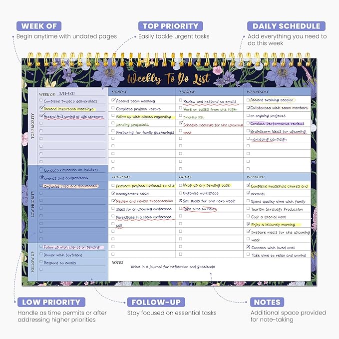 Weekly To Do List Notepad with 52 Undated Sheets（8.5"×11"）- Undated Weekly Planner Notepad for Office Desk Accessories and Supplies - Blue Meadow