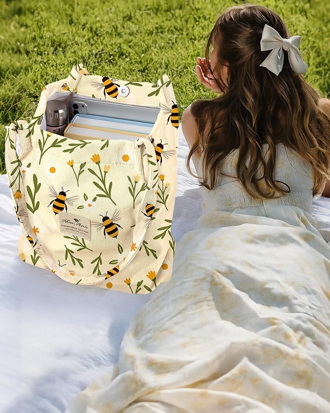 Miss Adola Corduroy Tote Bag for Women - Reusable Totes with Pocket & Buckle Cute Aesthetic Shoulder Bag for Work Travel