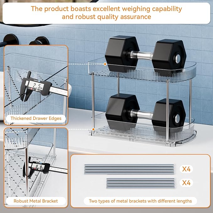 Yieach 2 Sets 2 Tier Pull Out Kitchen Under Sink Organizer and Clear Bathroom Undersink Organizers for Cleaning Products Storage,12.8 Inch Tall Sliding inder Cabinet Shelf,Under Counter Organization