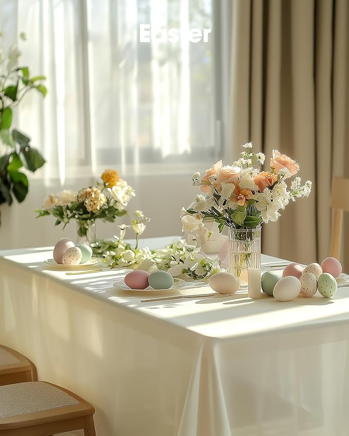 Pureegg Plastic Table Cloth Disposable 10 Pack, 54 x 108 Inch Table Cloths, Party, Wedding, Thanksgiving Decorations, Fall Tablecloths, Rectangle, Beige Plastic Cover, Leakproof & Sturdy, Cream, Ivory