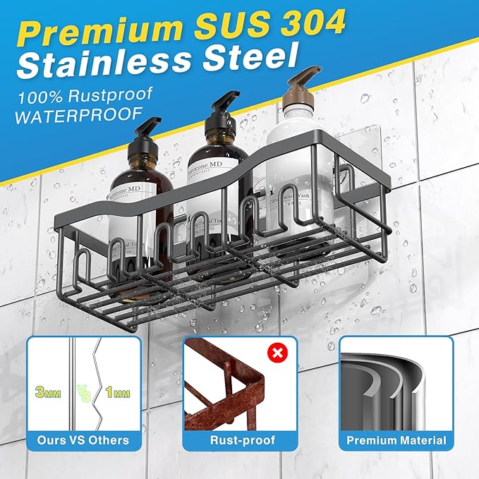 EUDELE 5-Pack Rustproof Stainless Steel Shower Caddy – No Drill Adhesive Bathroom Organizer with Large Capacity, Spacious Shower Shelves for Inside Shower, Kitchen & Home Decor Storage - XL Size
