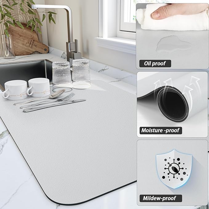 HotLive Dish Drying Mat for Kitchen Counter, Heat Resistant Drainer Mats with Non-slip Rubber Backed, Hide Stain Kitchen Super Absorbent Draining Mat, Easy to Clean Dish Rack Pad, Light Grey 18"x28"