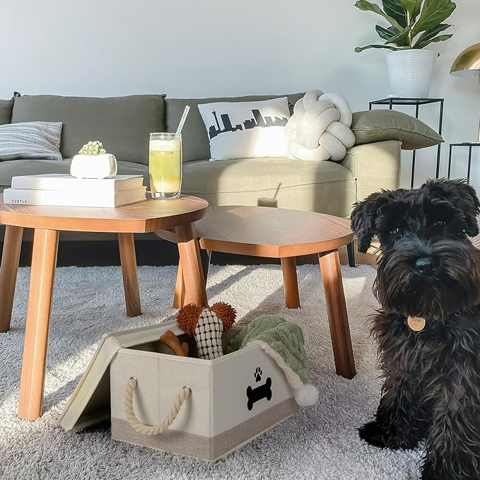 Dog Toy Basket with Lid, Dog Basket for Toys, Dogs Toy Box with Cotton Rope Handles, Collapsible Storage Bins for Pet Toys, Dogs Storage Organizer, Beige&Gray