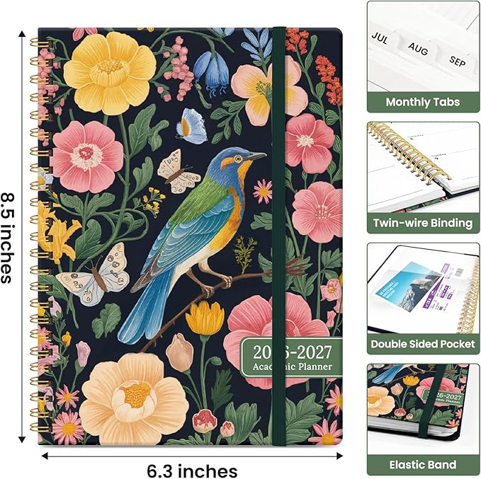 Planner 2026-2027, Academic Year Weekly and Monthly Calender Planner, from Jul 2026 - Jun 2027, Spiral Bound School Planning Book, Perfect for Teacher, Student, Women & Men, A5 (6.3" x 8.5"), Garden Bird