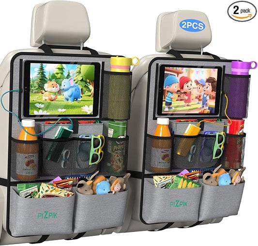 Car Backseat Organizer with Tablet Holder, 11 Storage Pockets with Foldable Food Tray, Protector Kick Mats for Kids, Travel Accessories Organizer (Gray, 2-Pack)