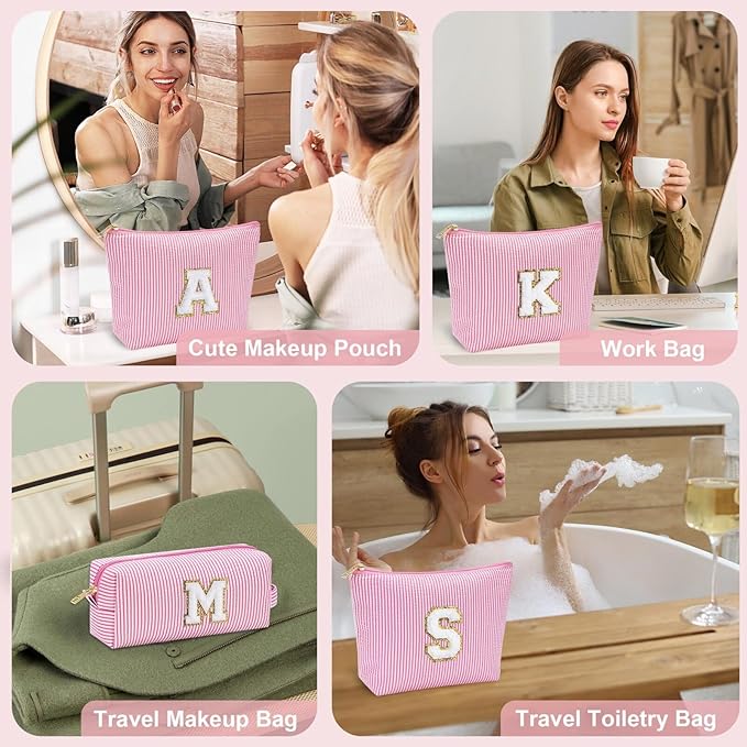 YOOLIFE Personalized Makeup Bag for Women - Monogram Cosmetic Bag Travel Toiletry Bag Brush Holder Birthday Gifts for Women Her Wedding Bridesmaid Friend Sister Teacher Wife Grandma Pink Initial E