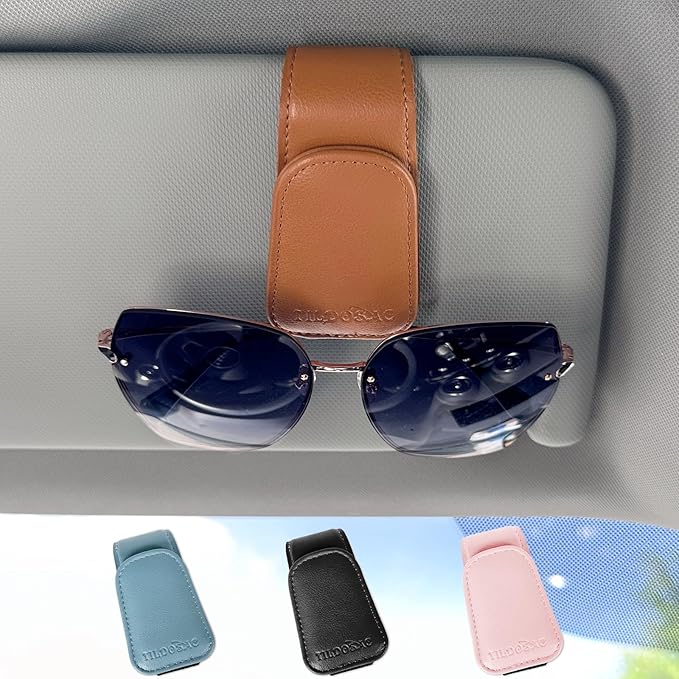 Sunglass Holder Organizer Clip for Car Visor, Durable and Scratch-Resistant Sunglasses Organizer with Magnetic Clip, Brown Car Interior Essentials Accessories for Men Women Aesthetic