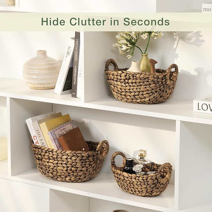 Set of 3 Wicker Storage Baskets for Organizing - Woven Decorative Baskets with Handles - Organizers for Bathroom, Kitchen, and Shelves (Espresso)