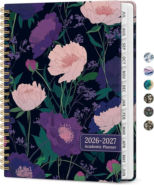 Planner 2026-2027, Academic Monthly and Weekly Calendar Planner for Women, July 2026 - June 2027, Hardcover Pretty Agenda Planner Book with Tabs, Spiral Daily Organizer for School Office Home Supplies, 6.3" x 8.5" - Plum Reverie