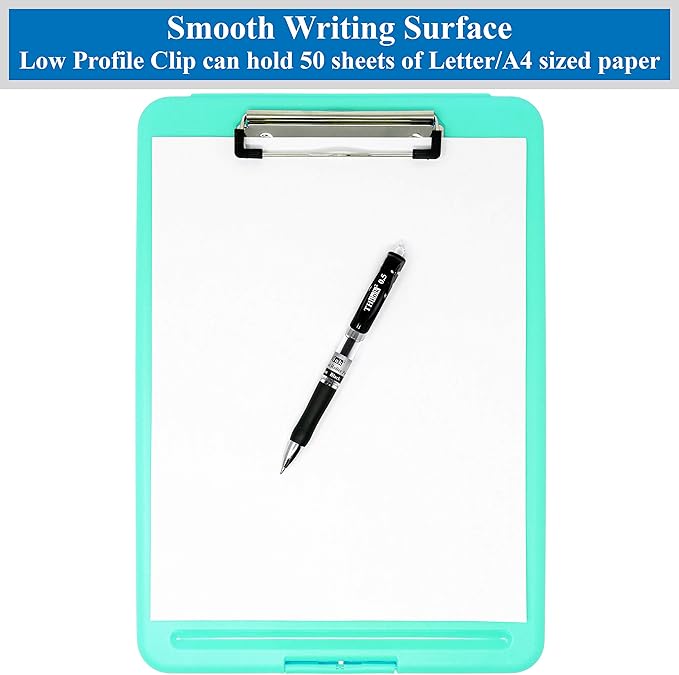 Think2Master [3 Pack] Teal Plastic Storage Clipboard. | 25% Heavier & Sturdier| Heavy Duty and Won’t Flex Like Other Brands (Compare The Weight). Storage Compartment Holds 150 Letter Sized Paper.