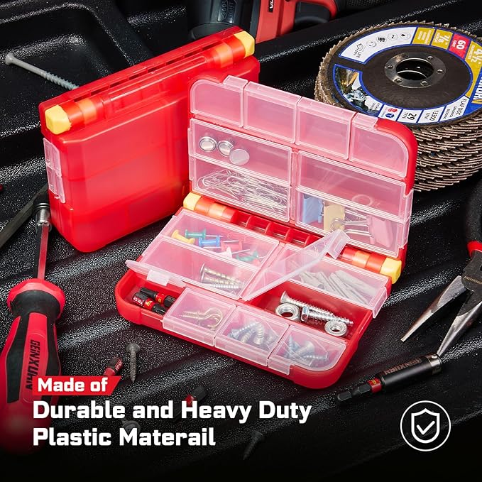 Small Storage Parts Organizer, 2Pcs Red Portable Plastic Box with Dividers, Double-sided Storage 16 Compartment Screwdriver Bit Set Box